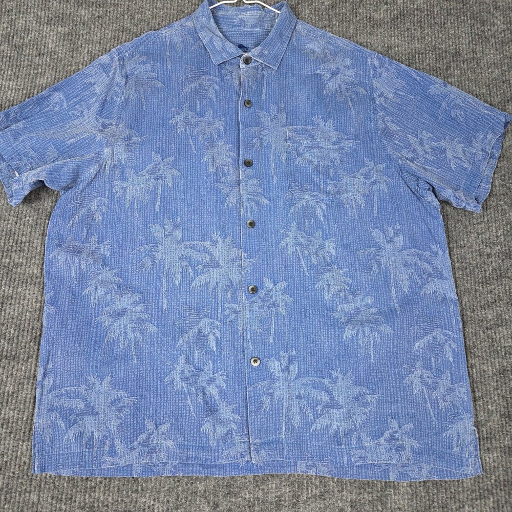 Tommy Bahama Mens XXL Blue‎ 100% Silk Palm Tree Jacquard Short Sleeve Shirt